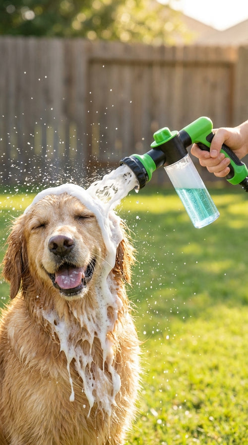 Person using the doggo's green foam sprayer to wash a happy golden retriever in a sunny backyard